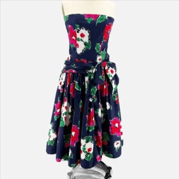 Patty O'Neil Floral Strapless Navy Blue Dress Kentucky Derby Prom 80s Vtg 6 - Picture 1 of 11